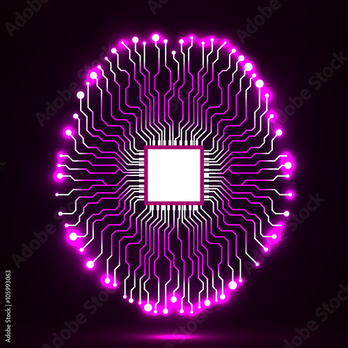 Neon brain. Cpu. Circuit board. Abstract technology background