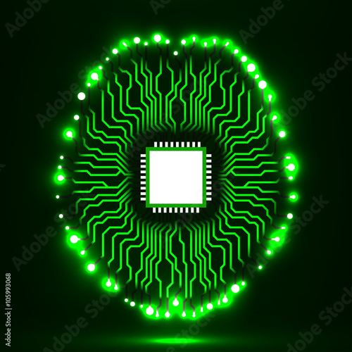 Neon brain. Cpu. Circuit board. Abstract technology background