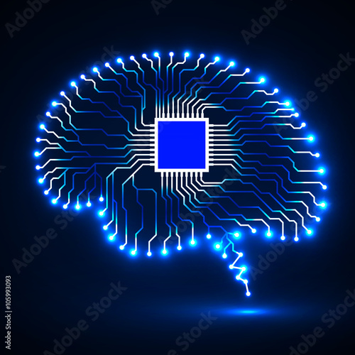 Neon brain. Cpu. Circuit board. Abstract technology background