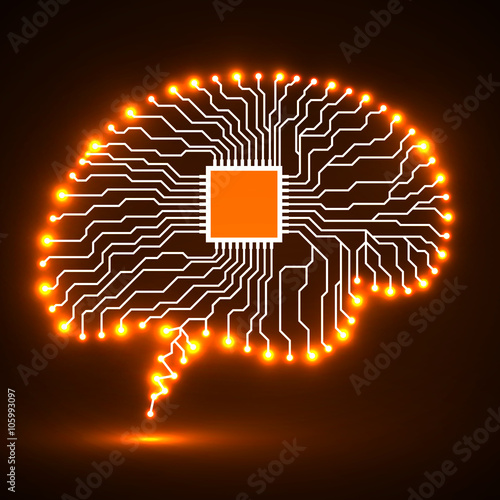 Neon brain. Cpu. Circuit board. Abstract technology background