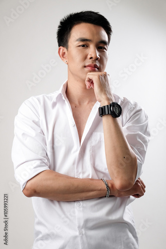 Asian man wear shirt in white background