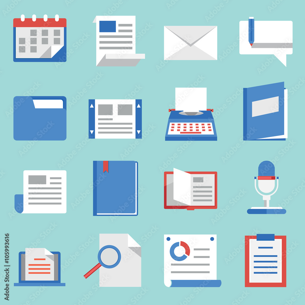 Set of vector flat icons for web and mobile applications. Communications and documents