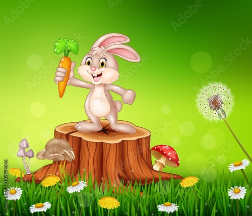 Cute bunny holding carrot on tree stump in summer season background