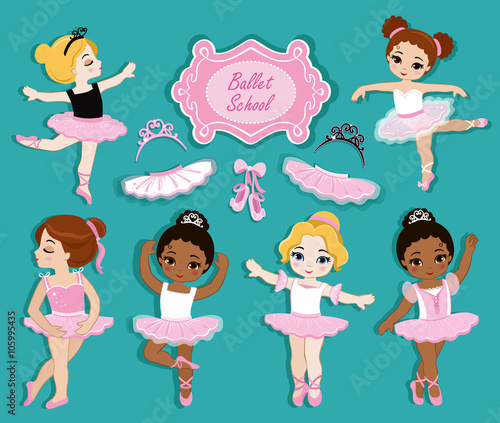 Vector illustration of cute little ballerinas.  Ballet Slippers. Clip art cute characters, pink tutus, ballet shoes.