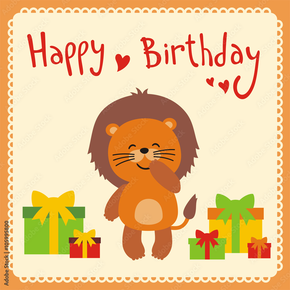Obraz premium Happy birthday! Cute smiling lion with birthday gifts, handwritten text. Happy birthday card. Cartoon lion.