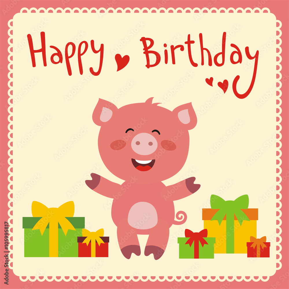 Fototapeta premium Happy birthday! Funny little pig with birthday gifts, handwritten text. Happy birthday card. Cartoon pig.