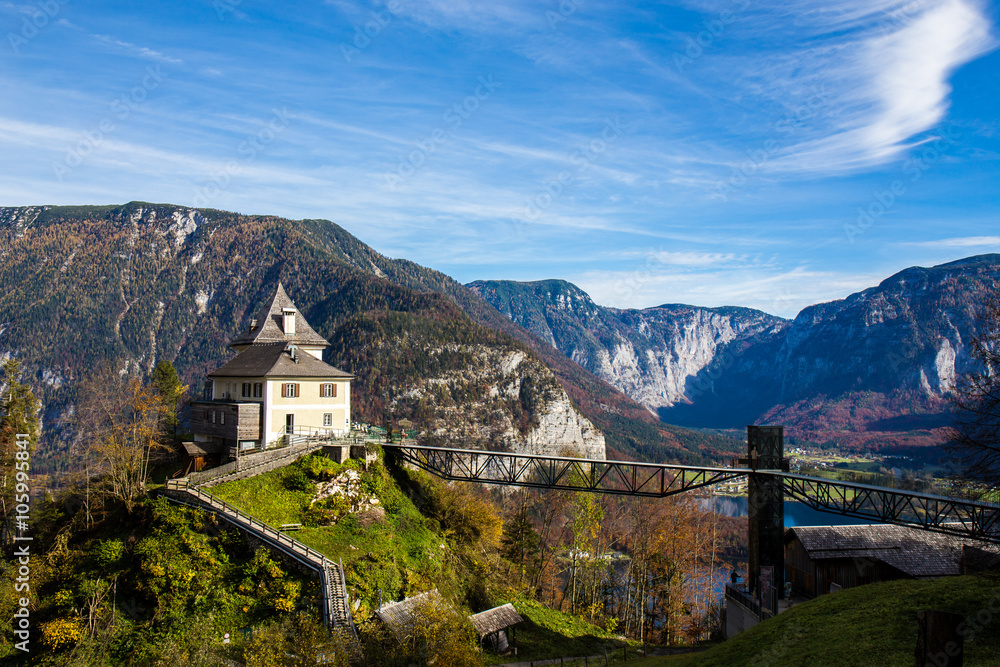 House on The Hill with Blue Sky and Mountain - Hallstatt, Austri