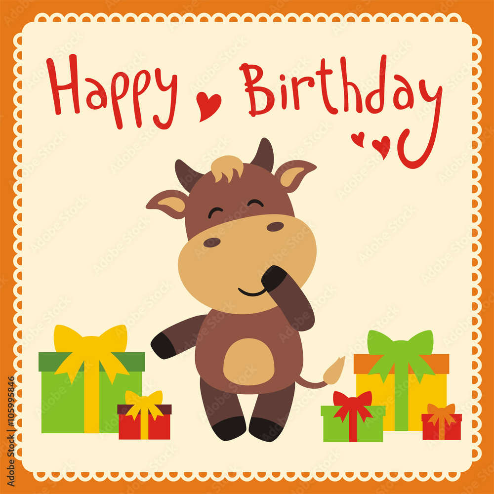 Happy birthday! Cute smiling cow with birthday gifts, handwritten text. Happy birthday card. Cartoon cow. Векторный объект Stock