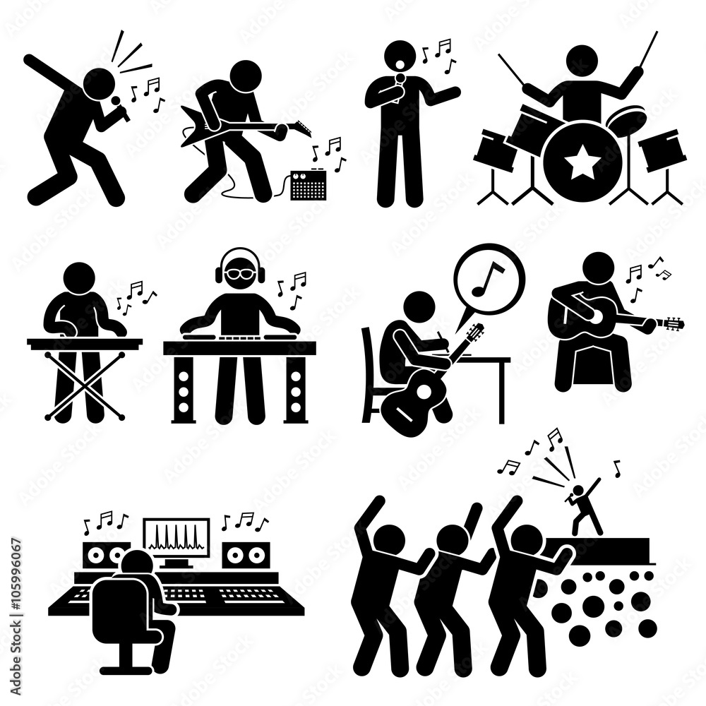 Obraz premium Rock Star Musician Music Artist with Musical Instruments Stick Figure Pictogram Icons