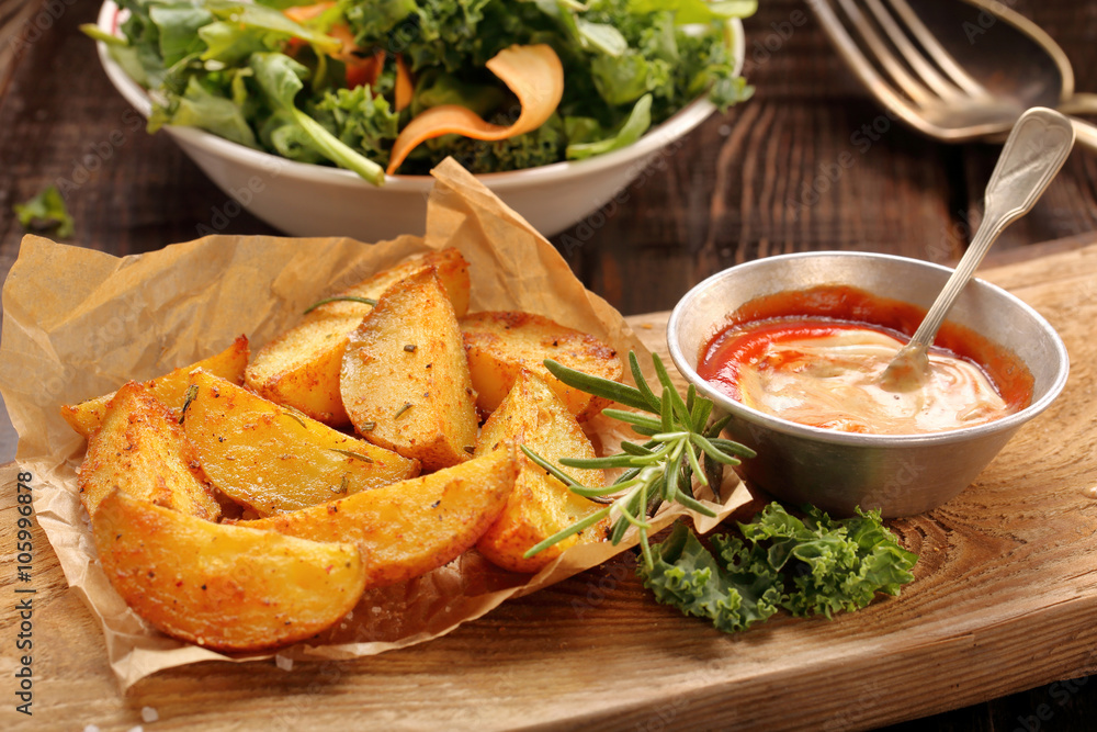 Roasted potatoes with dip and fresh salad on wooden table Roasted potatoes with dip and fresh salad on wooden table