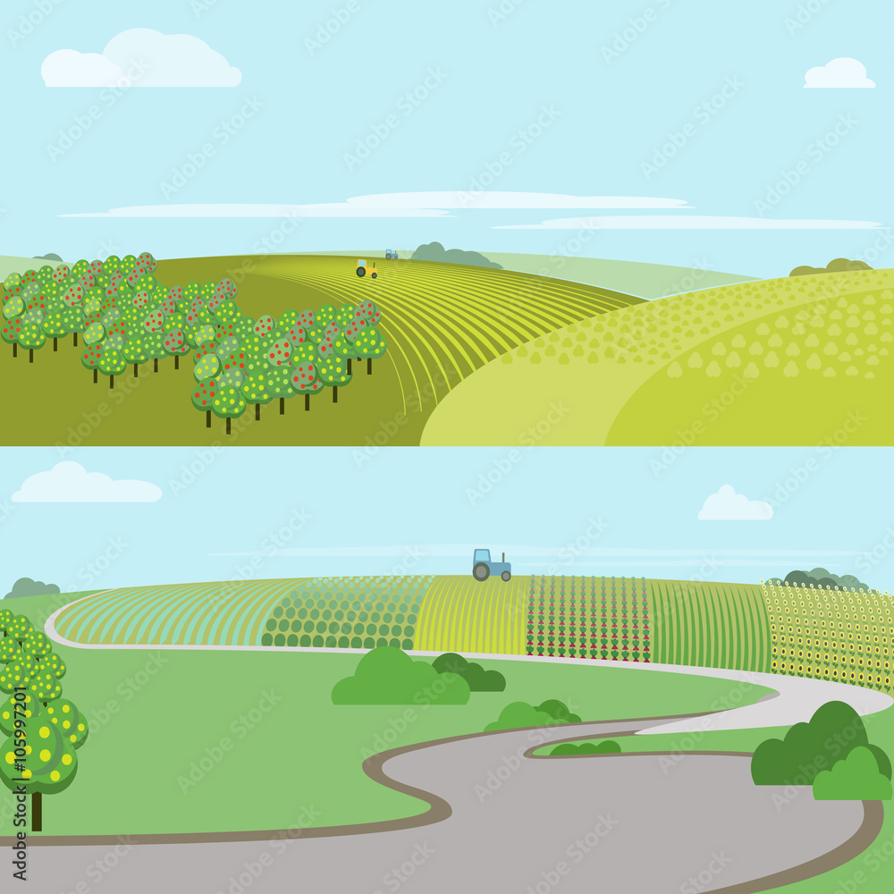 Fototapeta Absract farm field, green landscape raster illustration.
