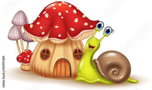 Beautiful mushroom house and happy snail cartoon