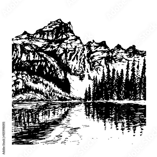 background view of beautiful mountain landscape with alpine lake and spruce forest in the distance a sketch hand drawn vector illustration