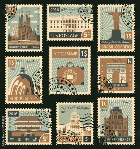 A set of stamps with landmarks from different countries