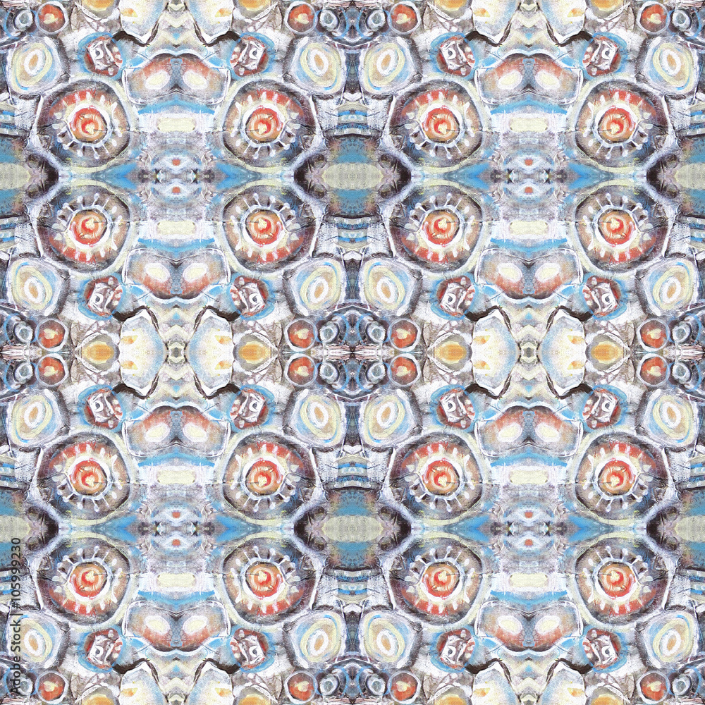 Seamless pattern. Abstract painted background with orange,brown and blue water blots. Kaleidoscopic seamless pattern.