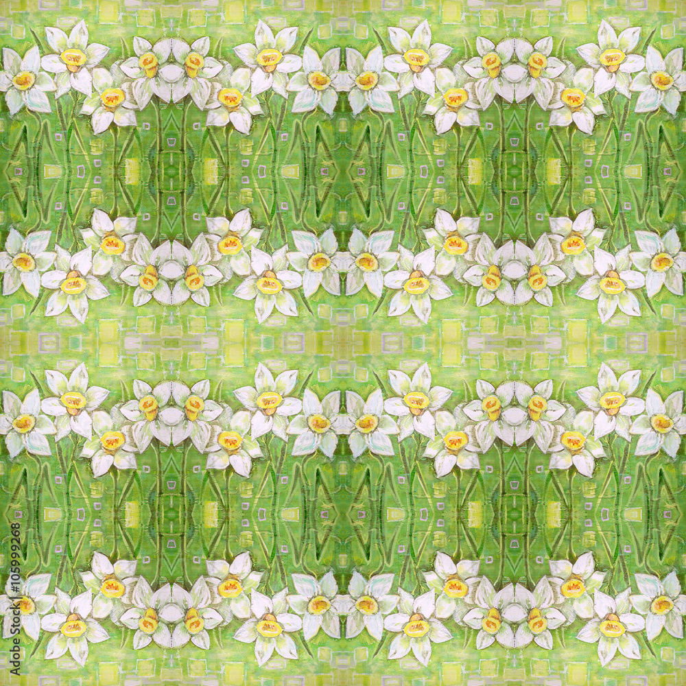 Seamless pattern with ornate narcissus flower or daffodil on the green background.
