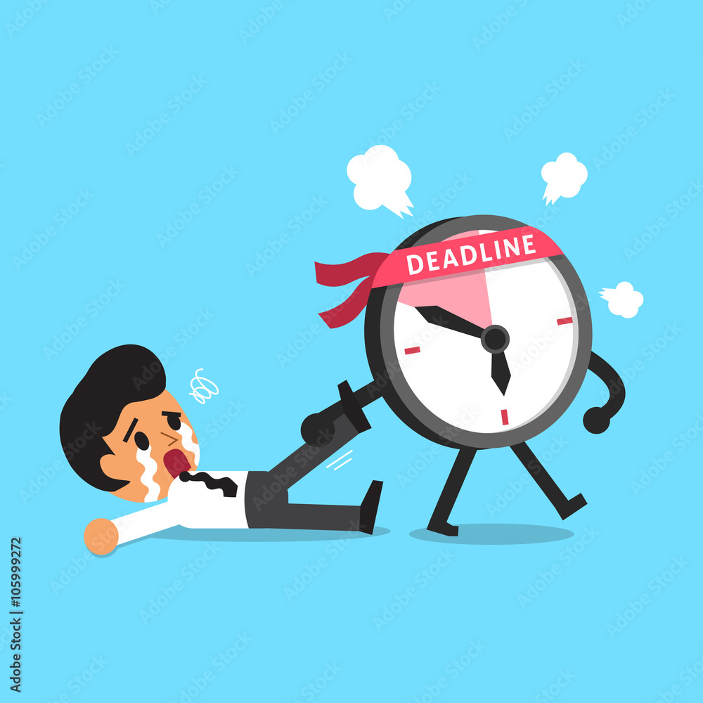 Cartoon deadline clock character dragging businessman Cartoon deadline clock character dragging businessman