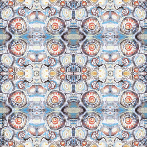 Seamless pattern. Abstract painted background with orange brown and blue water blots. Kaleidoscopic seamless pattern.