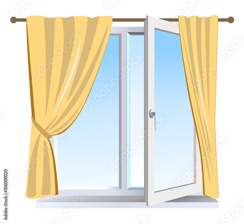 Vector half opened modern window with yellow drapes