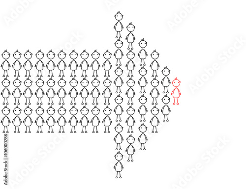 Stick men forming an arrow with red leader at the tip