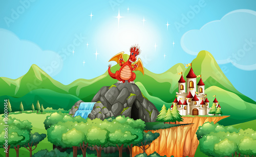 Dragon on the cave by the castle