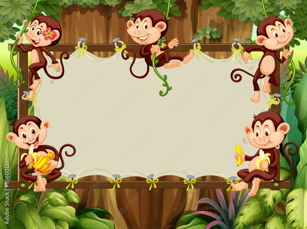 Fototapeta premium Frame design with monkeys in the woods