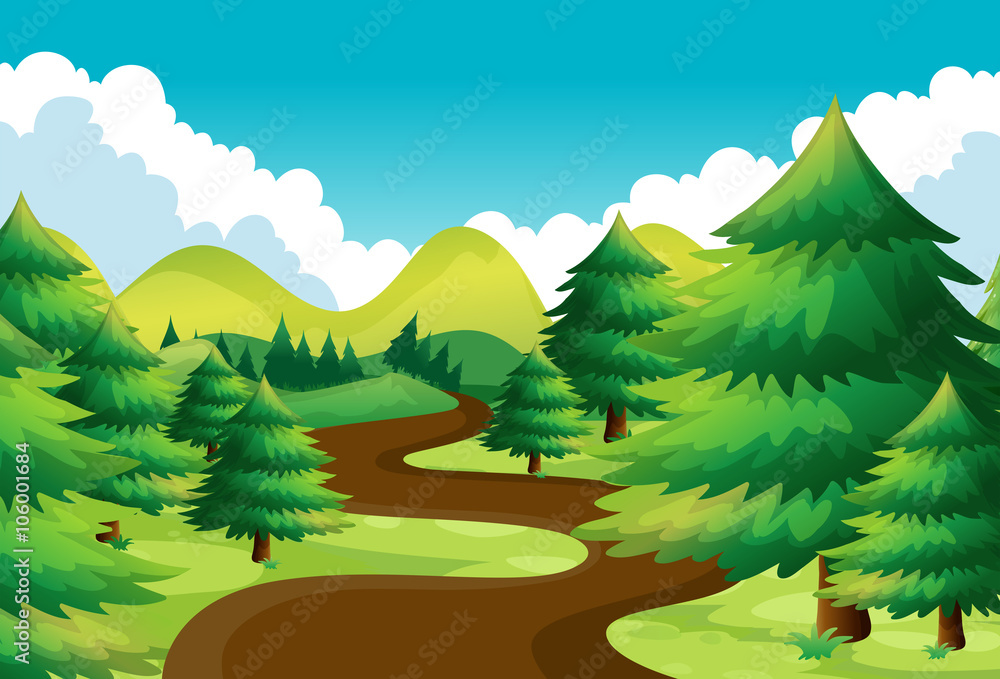 Nature scene with hiking track in the pine woods Nature scene with hiking track in the pine woods