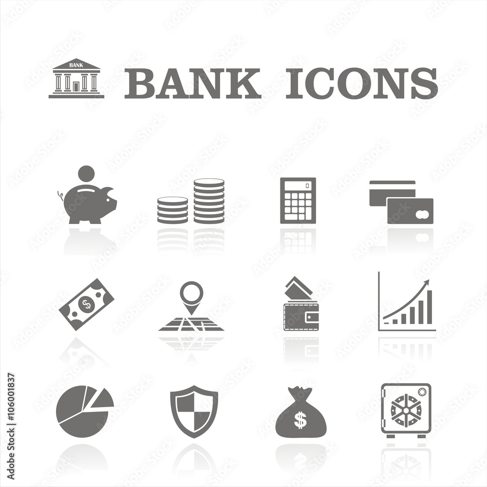 Conjunto de iconos de banco. Finanzas, ahorro, inversión y efectivo