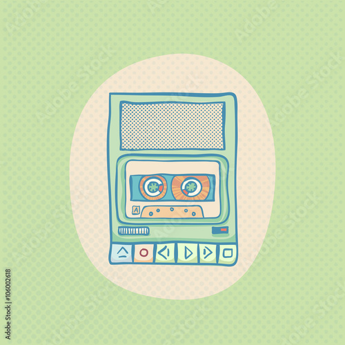 Cassette tape recorder. Handheld tape recorder, hand drawn retro illustration with halftone. Suitable for banner, ad, t-shirt design. Vintage design element