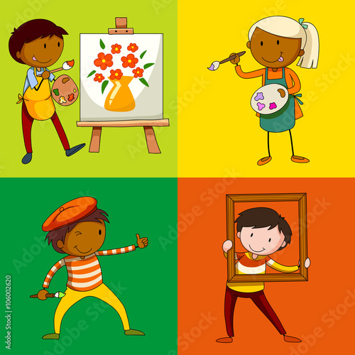 Four artists painting and coloring