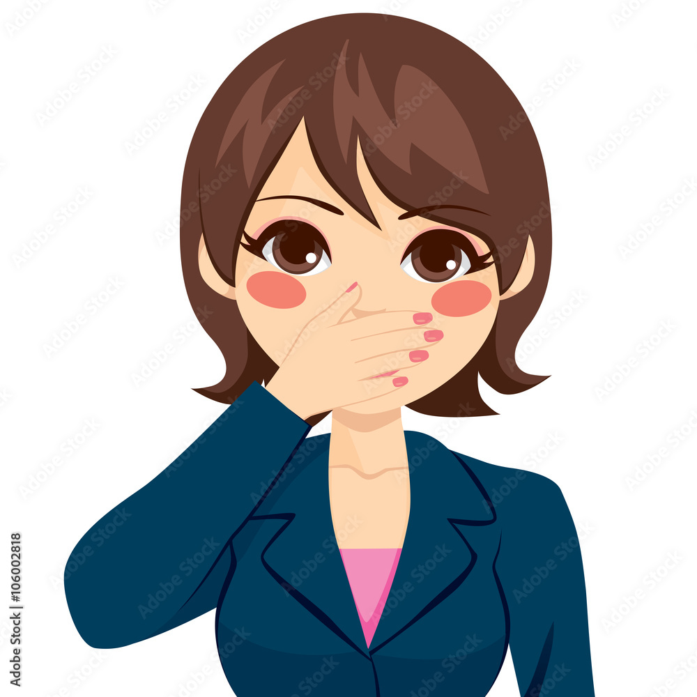 Beautiful brunette woman in suit covering her mouth with one hand Beautiful brunette woman in suit covering her mouth with one hand