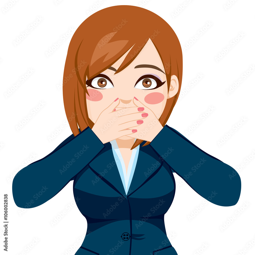 Beautiful woman on suit covering her mouth with both hands Beautiful woman on suit covering her mouth with both hands