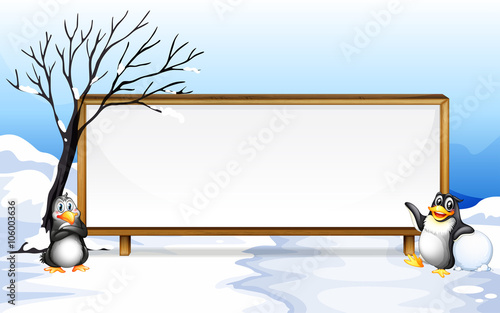 Frame design with penguin on snow