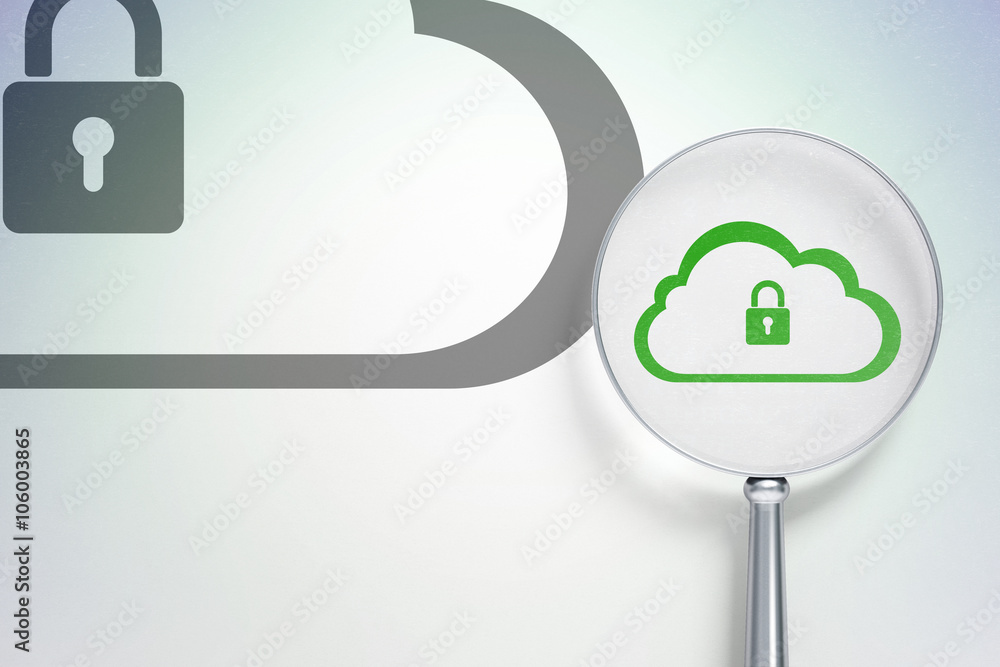 Cloud computing concept: Cloud With Padlock with optical glass on digital background Cloud computing concept: Cloud With Padlock with optical glass on digital background