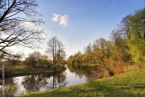 Fototapeta Naklejka Na Ścianę i Meble -  Sunny spring landscape. River in a green forest
