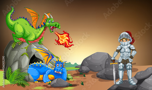 Knight with two dragons in the cave