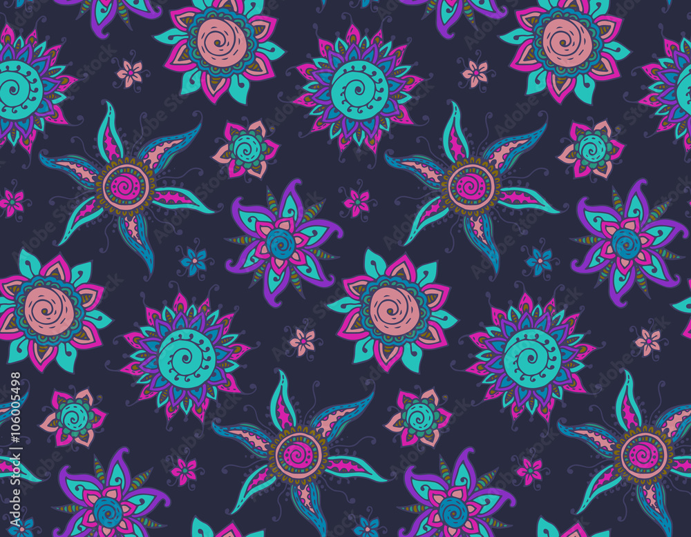 Vector seamless pattern with traditional indian sun and floral o