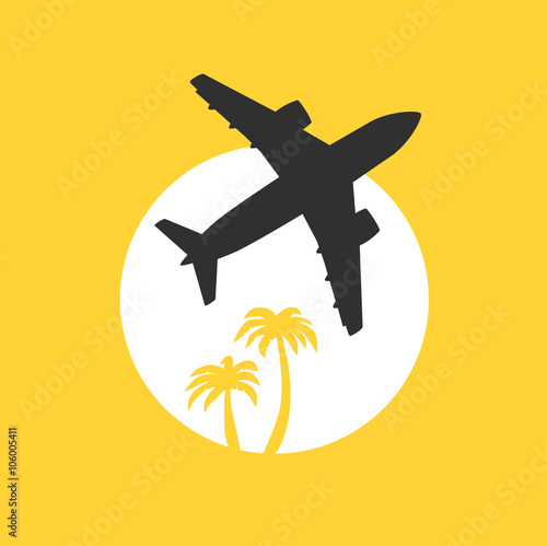 Vector illustration, jet airplane takeoff at dawn with palm trees. Travel and air transportation concept