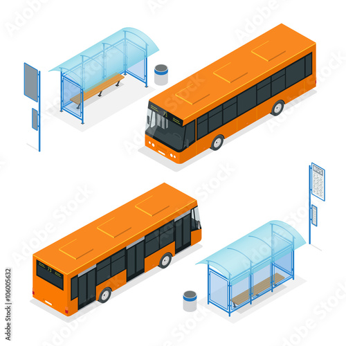 Isometric icon - bus stop and bus. Flat 3d vector illustration of a bus and bus stop. Isometric icon - bus stop.  Public transportation with bus and bus stop. photo