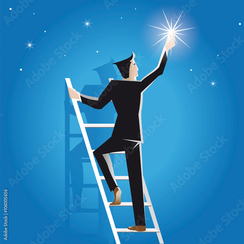 Businessman achieves success on the staircase to the stars