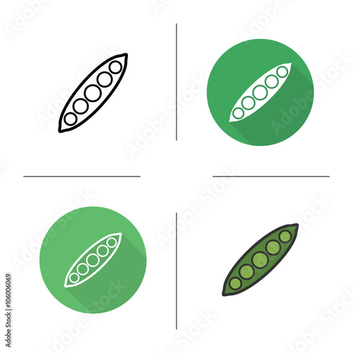 Pea pod flat design, linear and color icons set