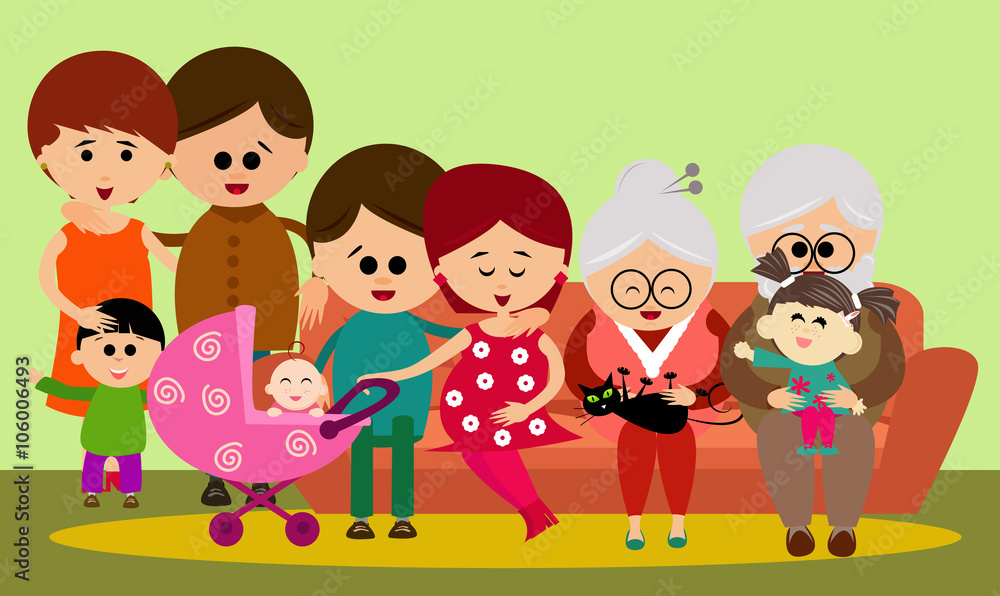 Illustration of an adorable big family on the couch. Illustration of an adorable big family on the couch.