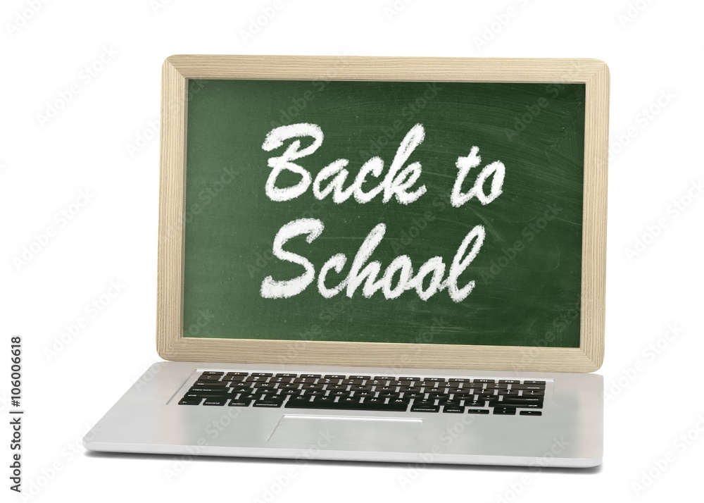 Laptop with chalkboard, back to school, online education concept Laptop with chalkboard, back to school, online education concept