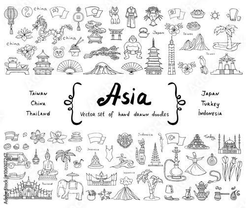 Vector set with hand drawn isolated doodles on the theme of Asia photo