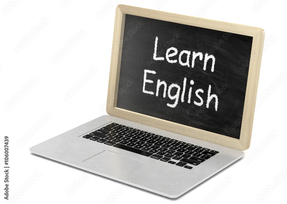 Laptop with chalkboard, learn english, online education concept Laptop with chalkboard, learn english, online education concept