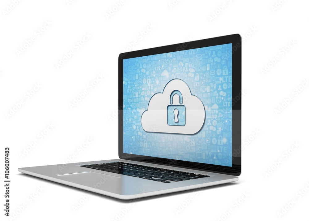 3d rendering of a laptop with cloud security concept 3d rendering of a laptop with cloud security concept