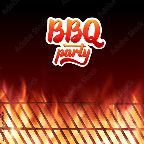 BBQ party text, grill and burning fire flames