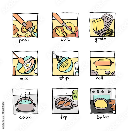 Cooking steps icons – cut, peal, mix, cook, bake …