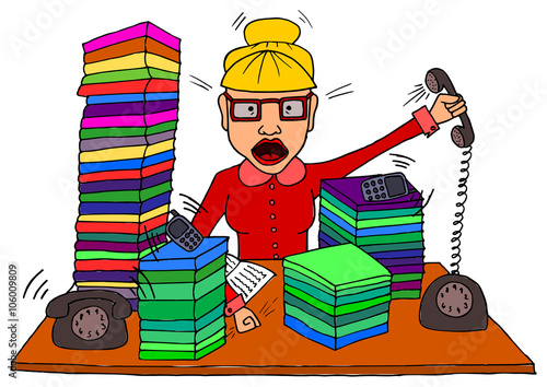 Angry busy secretary with lot of work
