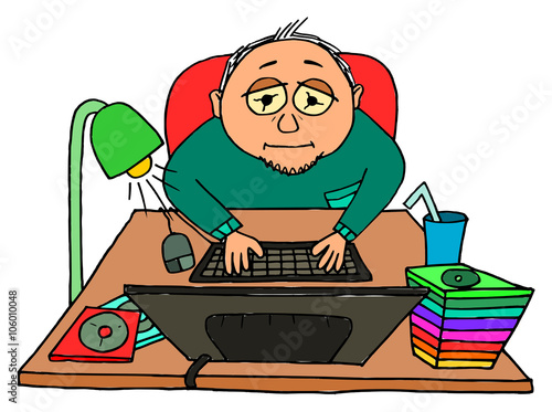 Tired hacker IT nerd behind table